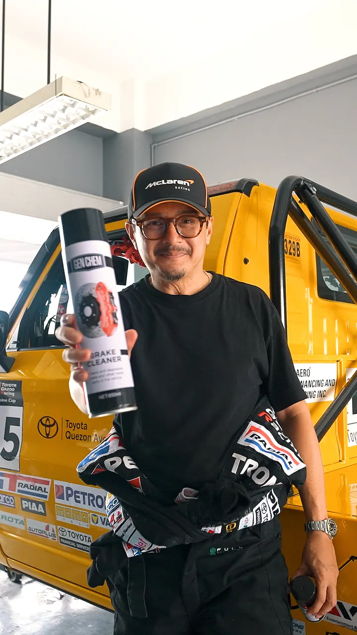 Racing driver presenting a selection of GEN CHEM products