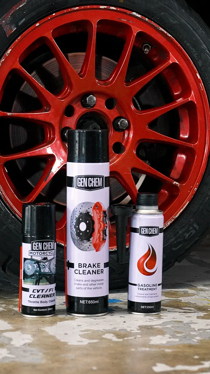 GEN CHEM products arranged beside a red motorsport wheel